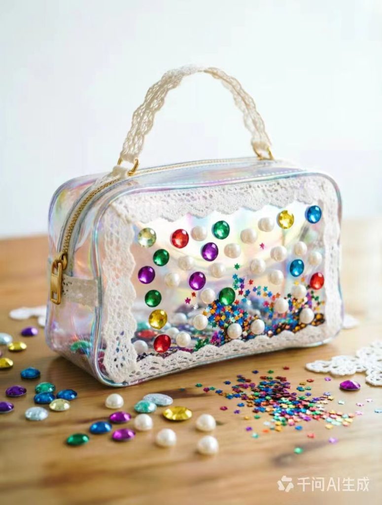 Aurora lace and gem shaker vanity case, a decorative wholesale makeup organizer with lace trim, gem accents, and playful shaker detail